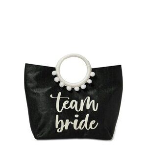 NWT Womens Team Bride Black & White Tote Bag Detachable Woven‎ Ring Handles Pom